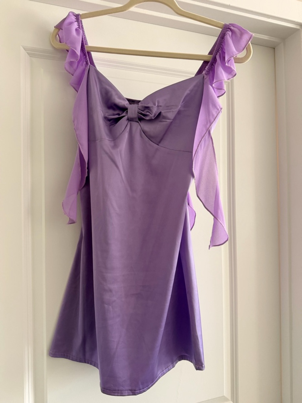Lilac Bow Front Ruffle Strap Mini Dress